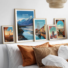Kluane National Park Canada Wall Art Print | Scenic Yukon River Travel Poster displayed on a stylish wall with other travel posters.