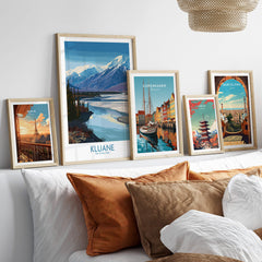 Kluane National Park Canada Poster | Blue Glacier Water Landscape Canvas Print displayed in a decorative home setting.