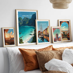 Koh Phi Phi Thailand Travel Poster | Maya Bay Tropical Beach Wall Art Print displayed in a cozy living room setting.