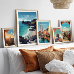 Kynance Cove Cornwall Wall Art Print | British Coastline Landscape Travel Poster displayed among other travel prints.
