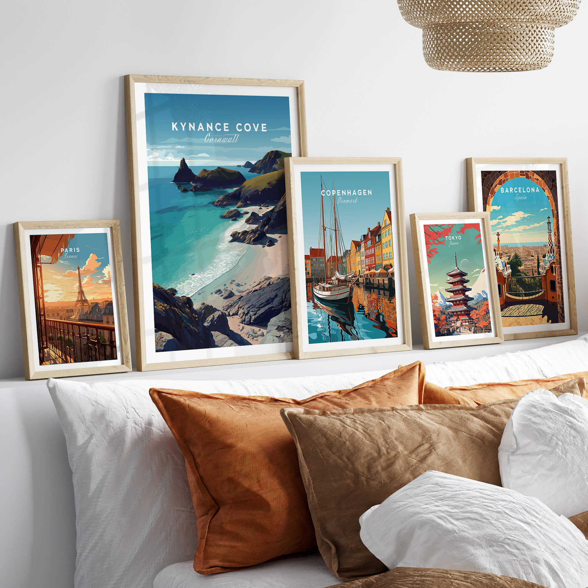Kynance Cove Cornwall Wall Art Print | British Coastline Landscape Travel Poster displayed among other travel prints.