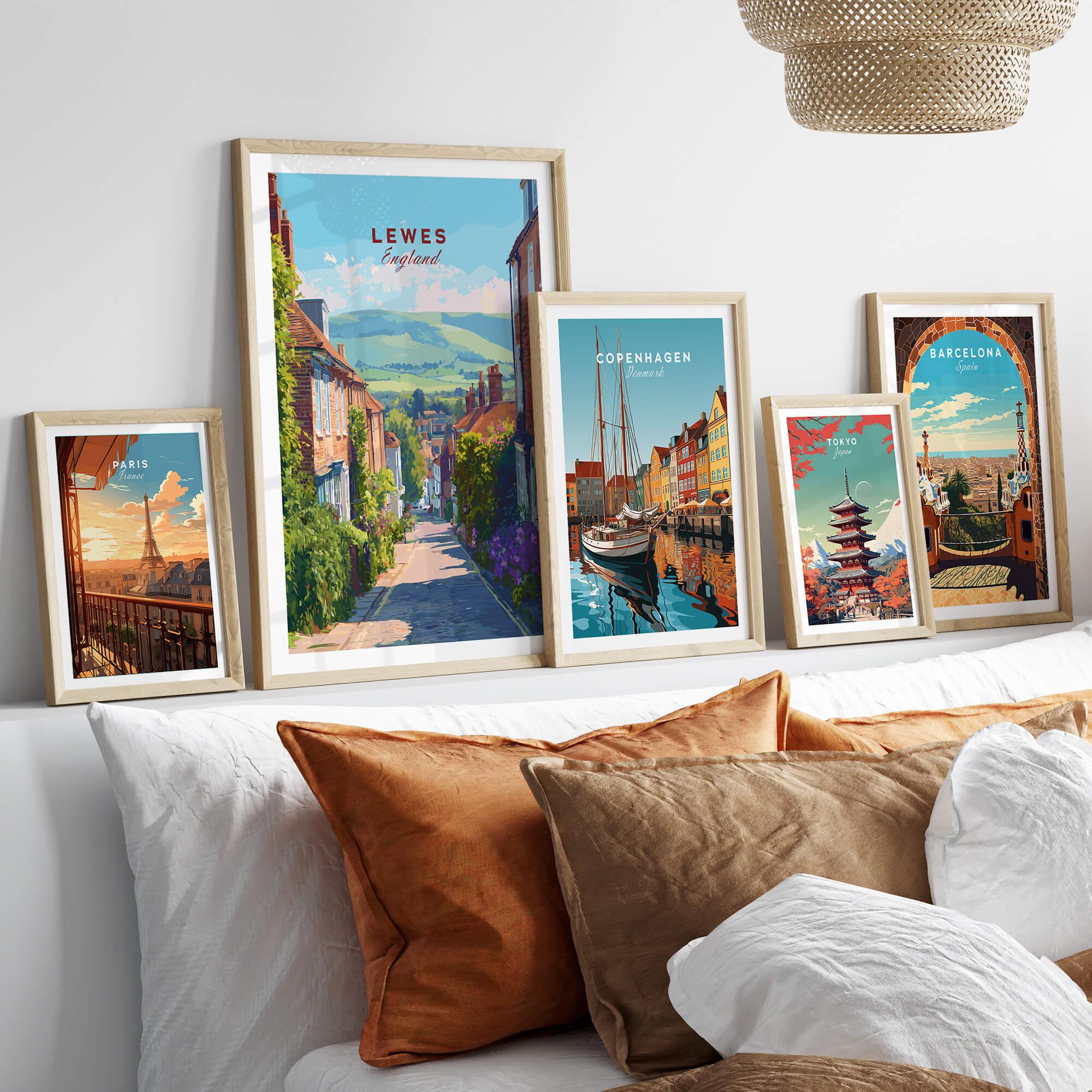 Set of five framed travel posters above a bed, featuring Paris, Lewes, Copenhagen, Tokyo, and Barcelona.