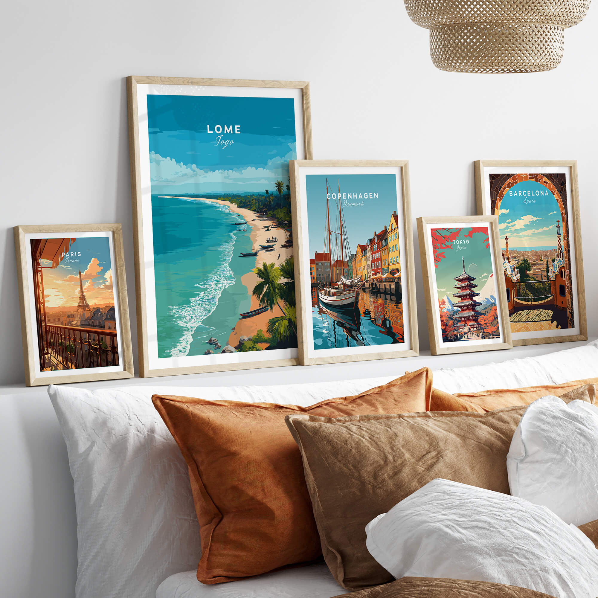 Lomé Togo Wall Art Print | Tropical Beach Travel Poster displayed on a stylish wall above a cozy sofa.