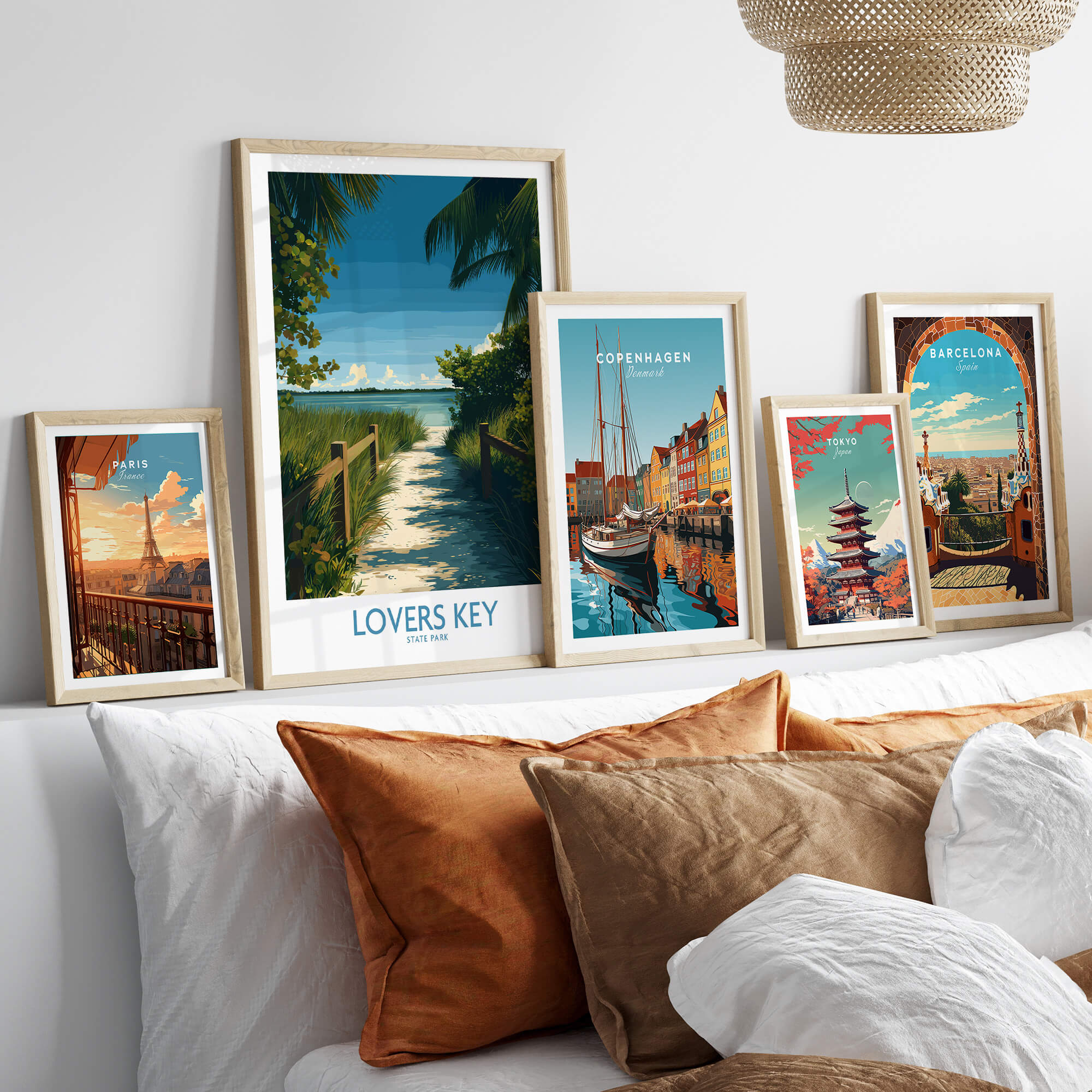 Lovers Key Florida Poster | Tropical Nature Path Canvas Print displayed among other travel posters on a stylish backdrop.