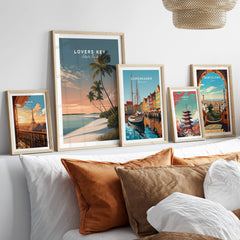 Lovers Key Travel Poster | Florida Sunset Palm Trees Wall Art Print displayed among other travel posters in a cozy home setting.