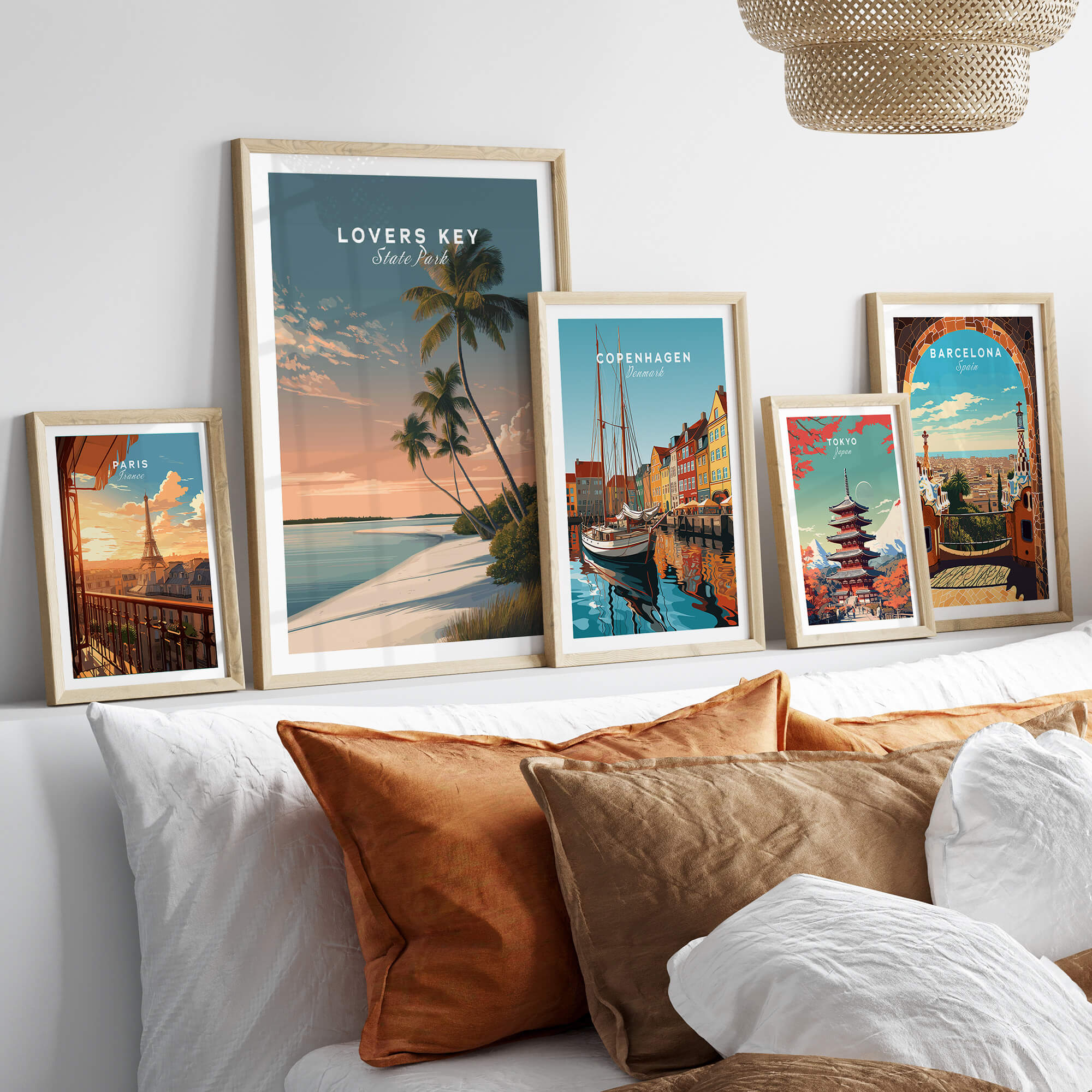 Lovers Key Travel Poster | Florida Sunset Palm Trees Wall Art Print displayed among other travel posters in a cozy home setting.