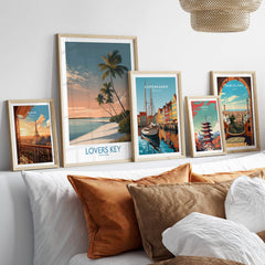 Lovers Key Canvas Print | Florida Gulf Coast Beach Poster displayed among other travel-themed artwork on a stylish living room wall.