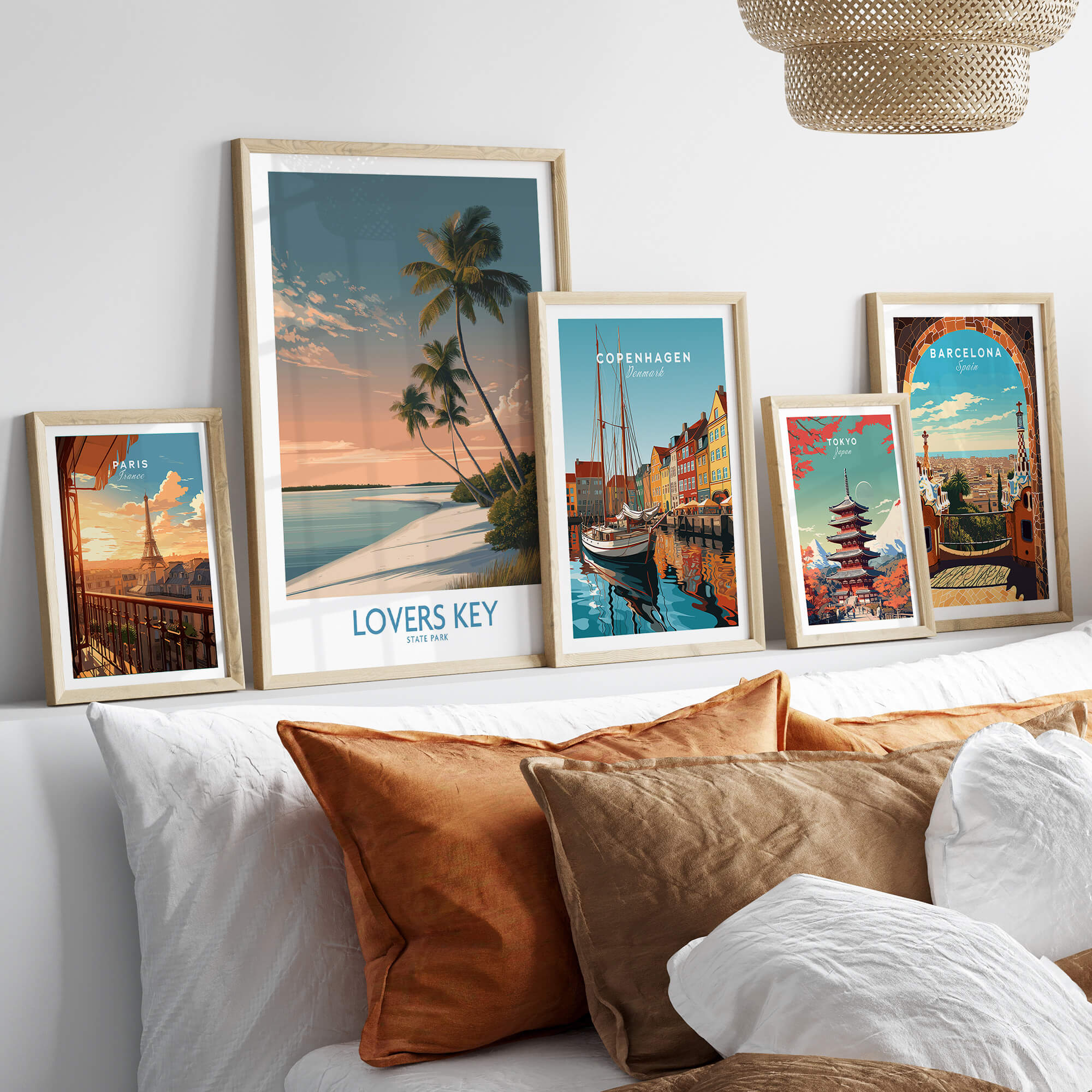 Lovers Key Canvas Print | Florida Gulf Coast Beach Poster displayed among other travel-themed artwork on a stylish living room wall.