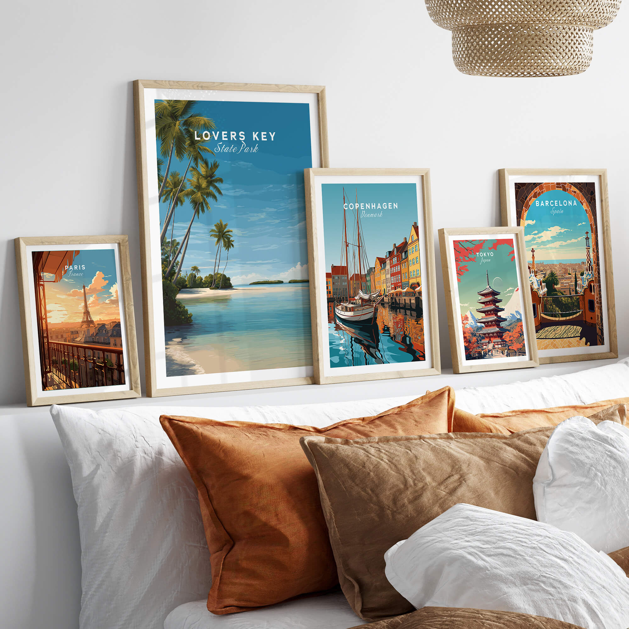 Lovers Key Wall Art Print | Paradise Island Scenery Florida Travel Poster displayed in a cozy home setting with other travel prints.
