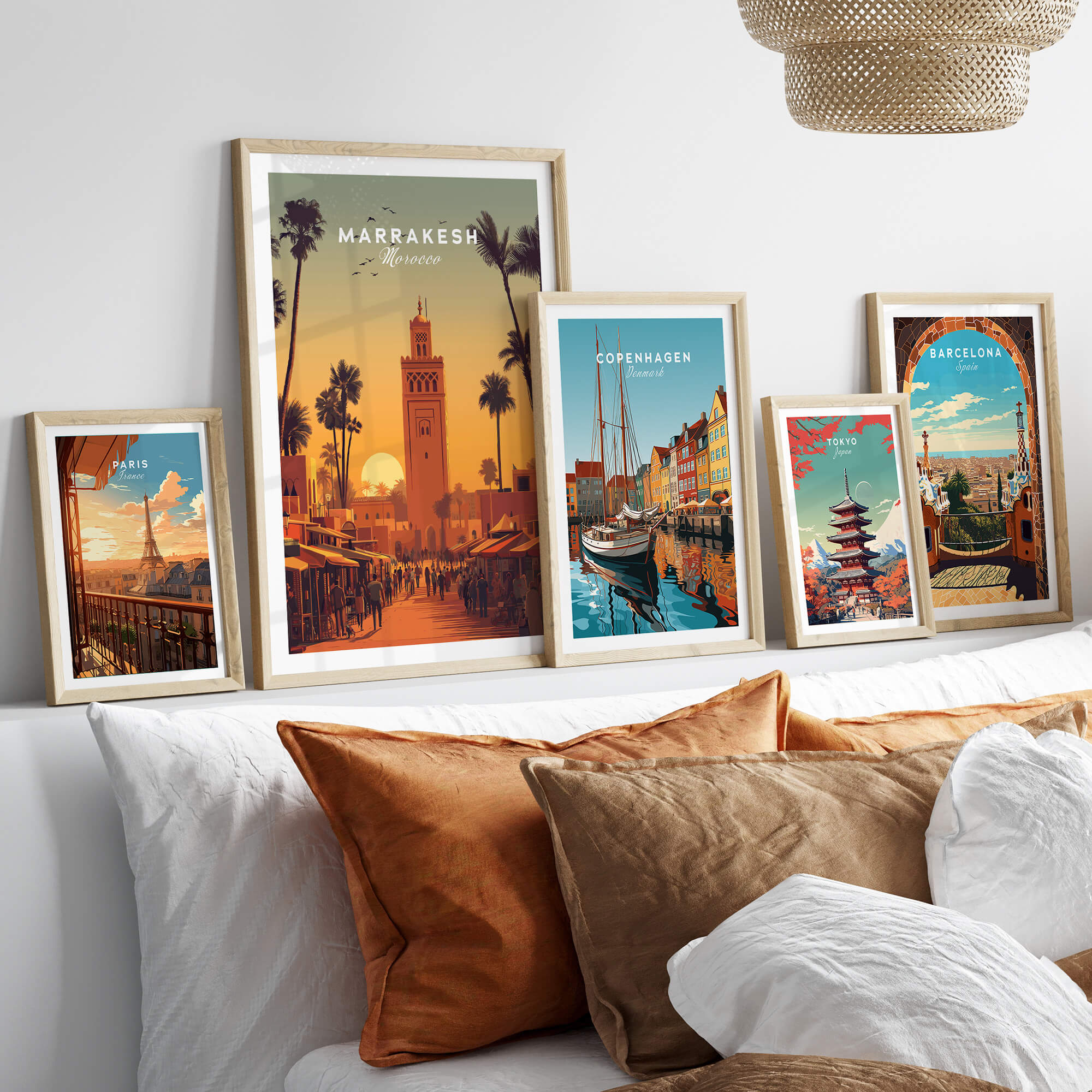 Marrakesh Morocco Wall Art Print | Koutoubia Mosque Travel Posters displayed among other travel art prints.