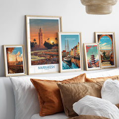 Marrakesh Morocco Canvas Art Print | Jemaa el-Fnaa Market Scene Poster displayed on a modern shelf with other city posters.