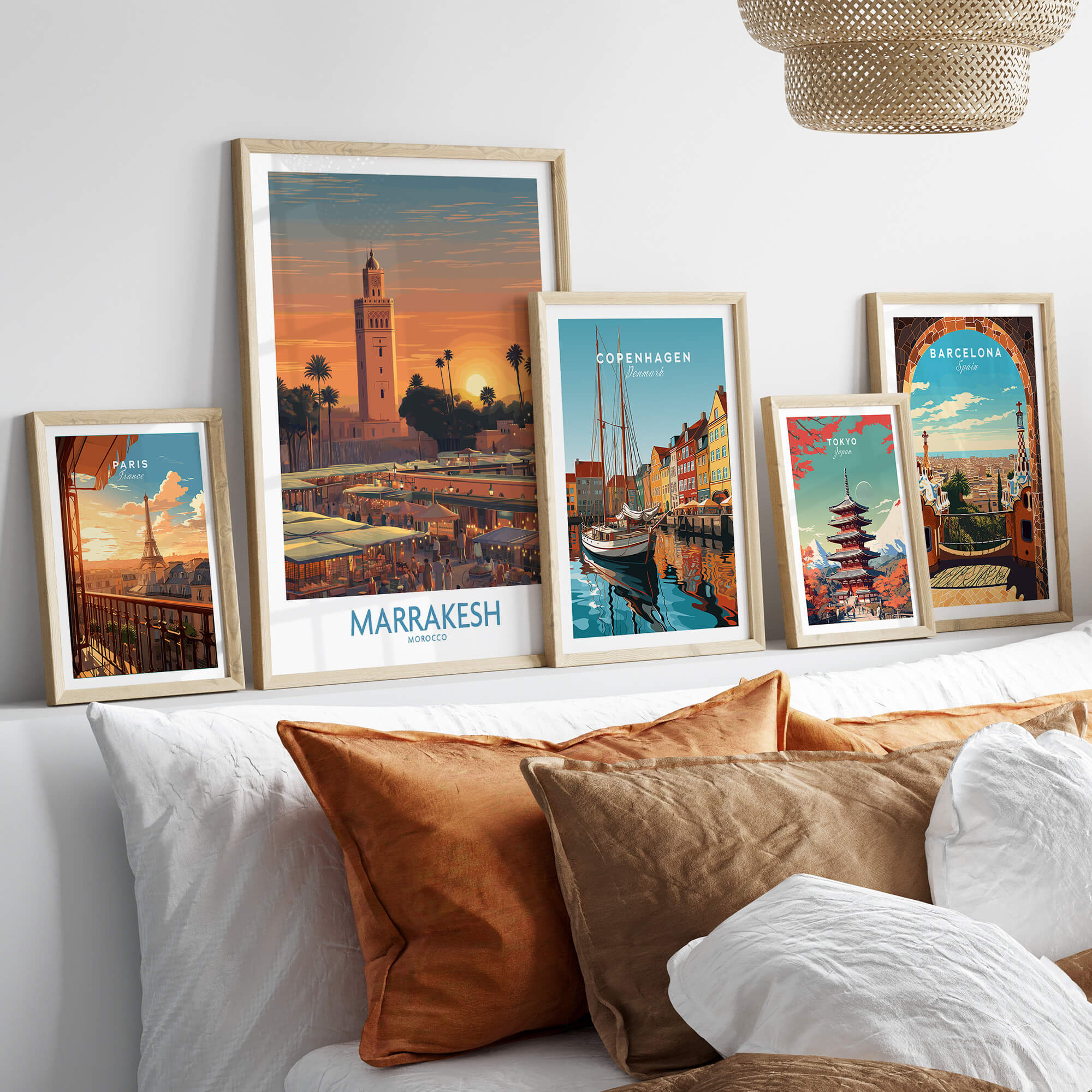 Marrakesh Morocco Canvas Art Print | Jemaa el-Fnaa Market Scene Poster displayed on a modern shelf with other city posters.