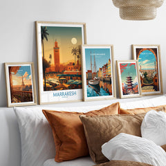 Marrakesh Morocco Poster | Traditional Moroccan Architecture Canvas Print displayed with other city posters on a stylish sofa.