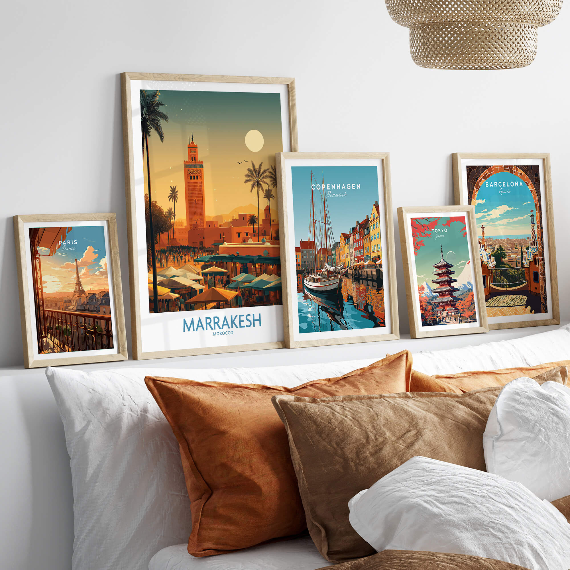 Marrakesh Morocco Poster | Traditional Moroccan Architecture Canvas Print displayed with other city posters on a stylish sofa.