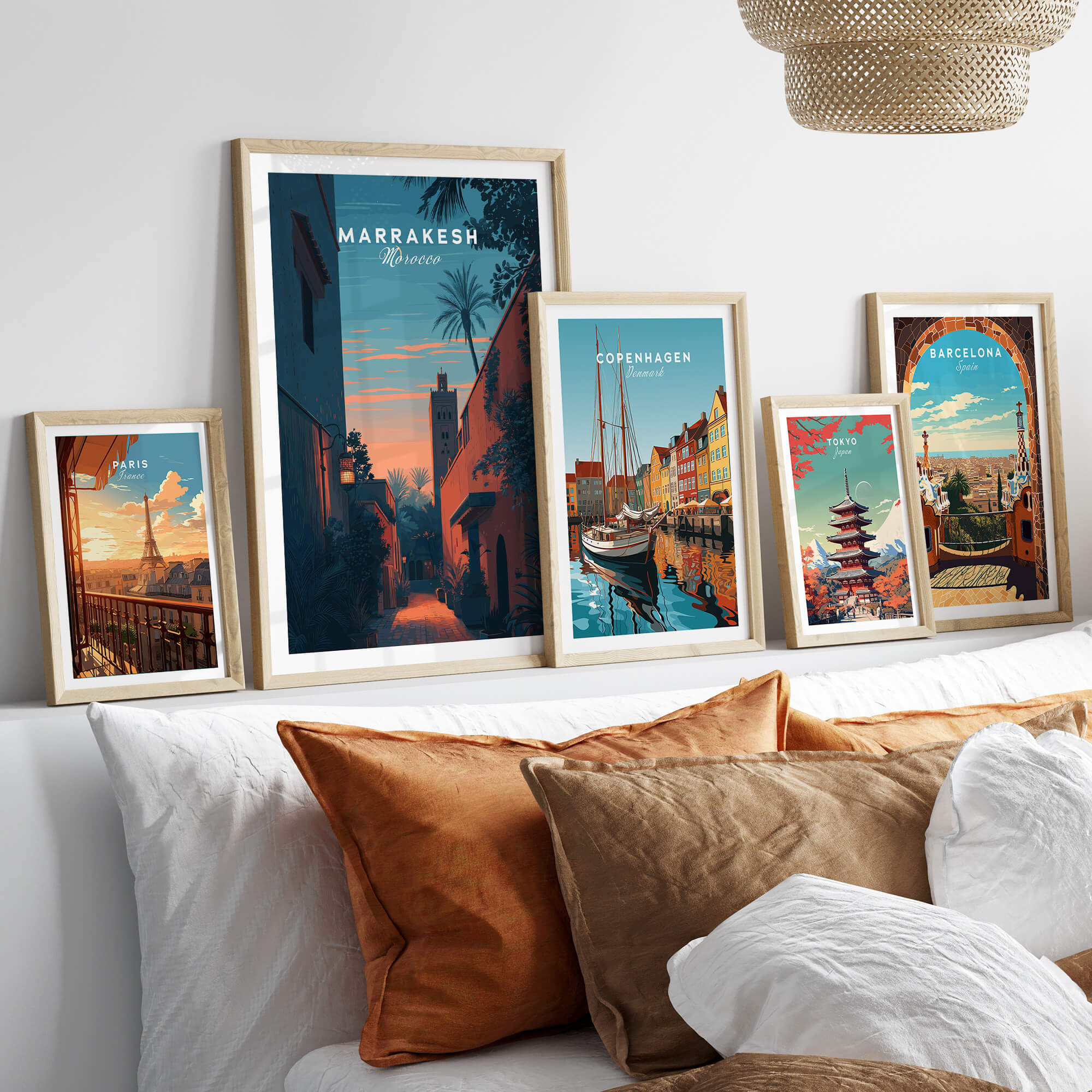 Marrakesh Morocco Travel Poster | Medina Alleyway Twilight Wall Art Print displayed among other travel art prints