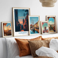 Marrakesh Morocco Canvas Print | Cityscape Poster displayed among framed cityscape artwork on a stylish sofa.