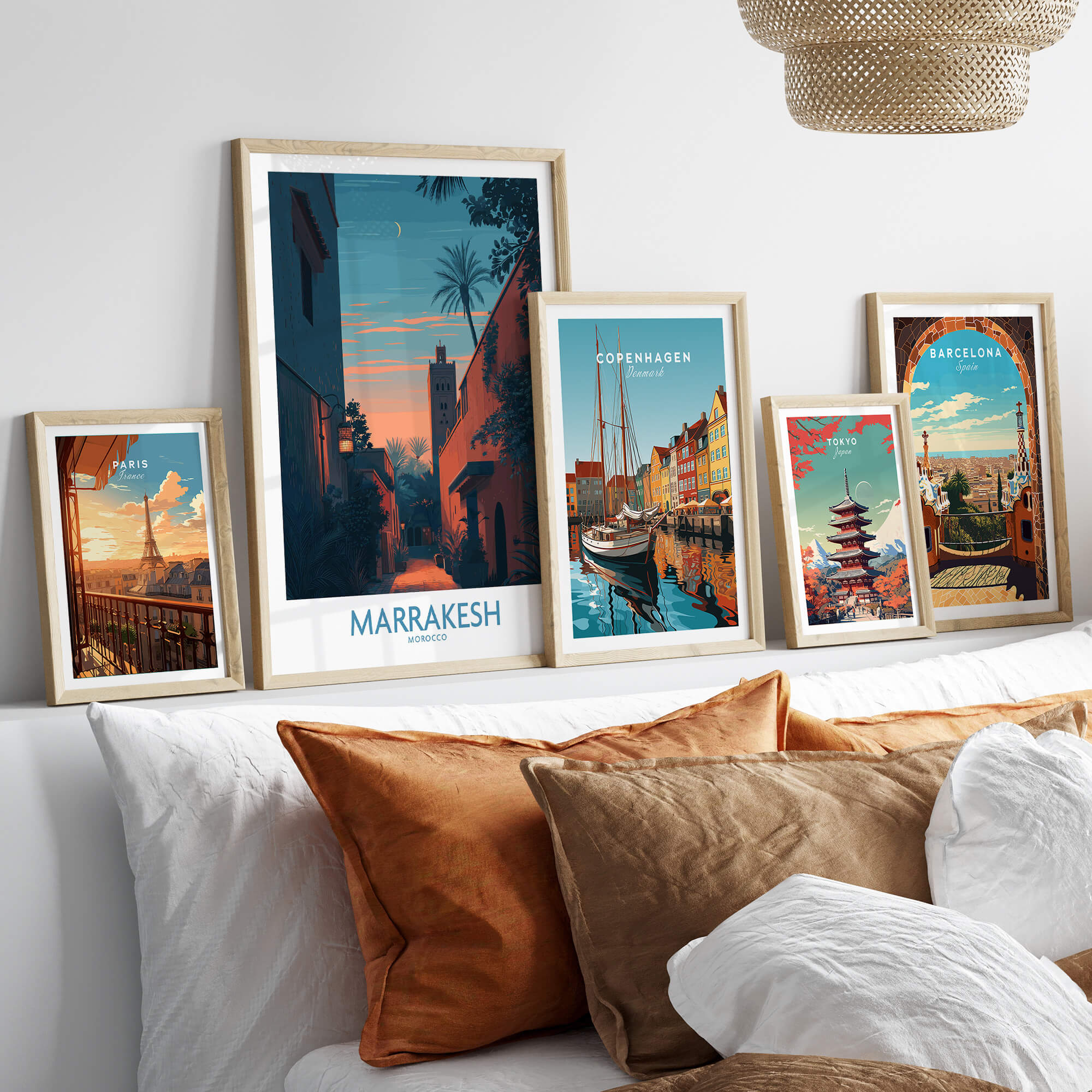 Marrakesh Morocco Canvas Print | Cityscape Poster displayed among framed cityscape artwork on a stylish sofa.