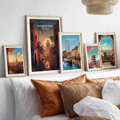Marrakesh Morocco Wall Art Print | Sunset Medina Alleyway Travel Poster displayed in a stylish interior setting.