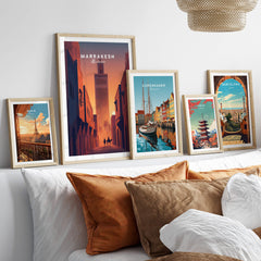 Marrakesh Morocco Travel Poster | Iconic Koutoubia Minaret Wall Art Print displayed among various travel posters.