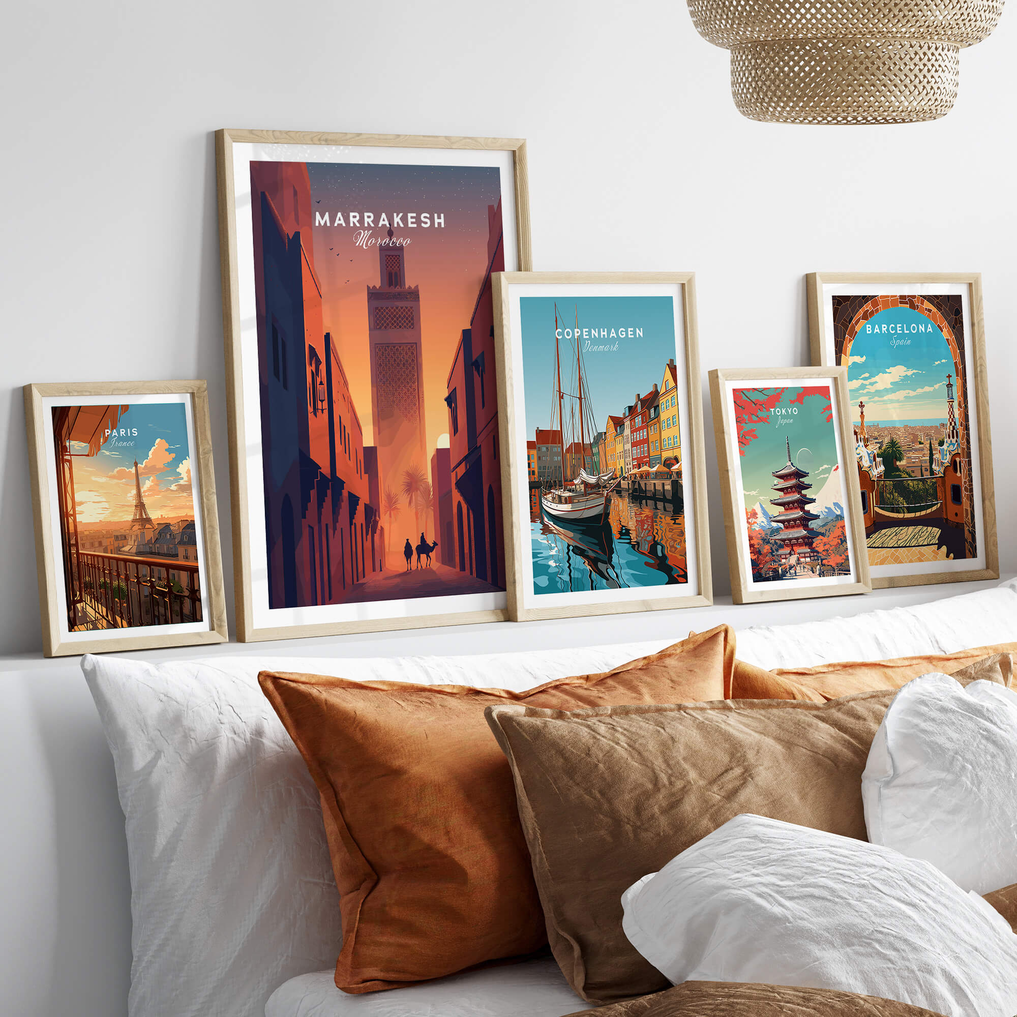 Marrakesh Morocco Travel Poster | Iconic Koutoubia Minaret Wall Art Print displayed among various travel posters.