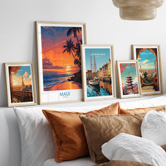 Maui Hawaii Canvas Print | Serene Tropical Beach Landscape Poster displayed among other framed travel posters.