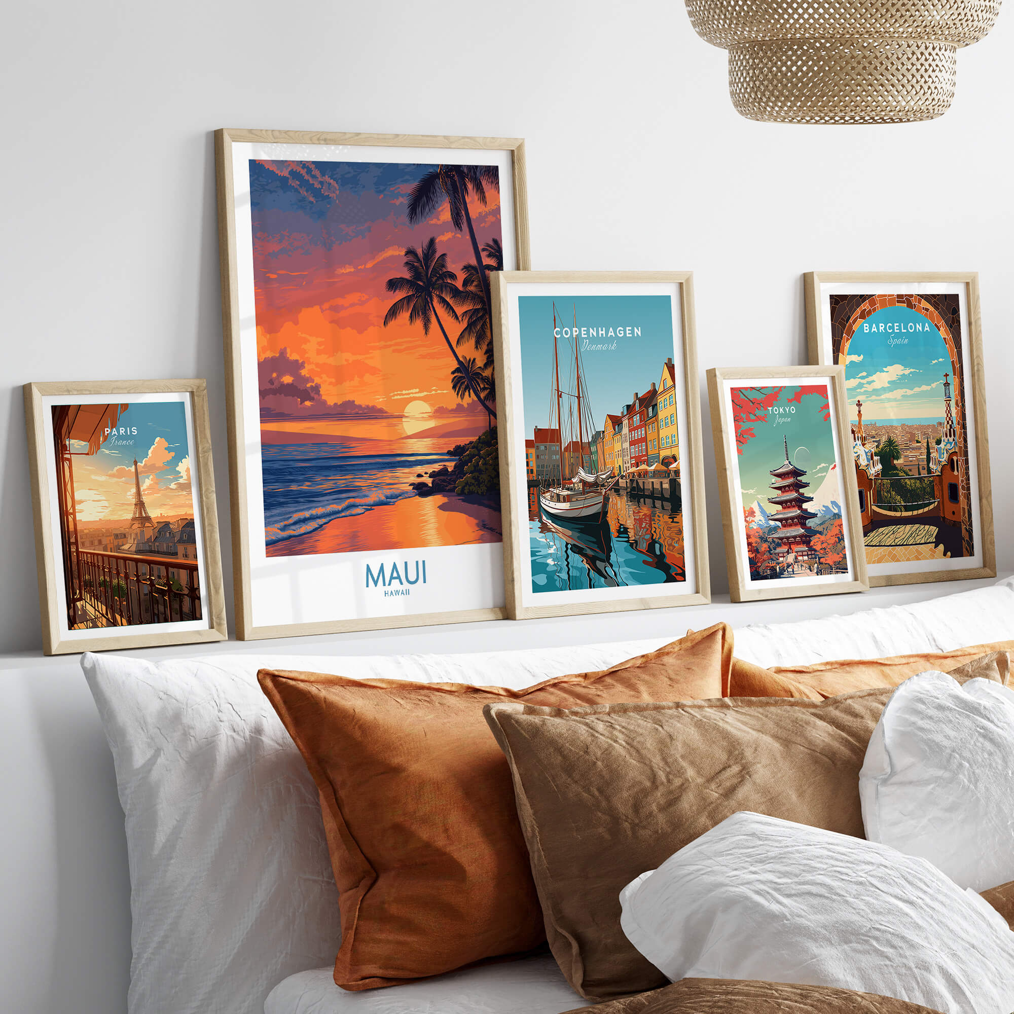 Maui Hawaii Canvas Print | Serene Tropical Beach Landscape Poster displayed among other framed travel posters.