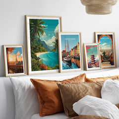 Maui Hawaii Wall Art Print | Lush Tropical Mountain Coast Travel Poster displayed among various travel posters.