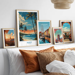 Maui Hawaii Poster | Tropical Twilight Shoreline Canvas Print displayed on wall with other travel posters and cozy decor.