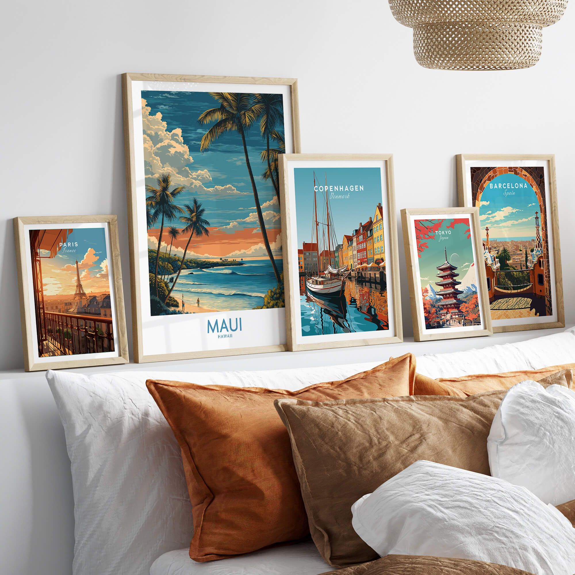 Maui Hawaii Poster | Tropical Twilight Shoreline Canvas Print displayed on wall with other travel posters and cozy decor.