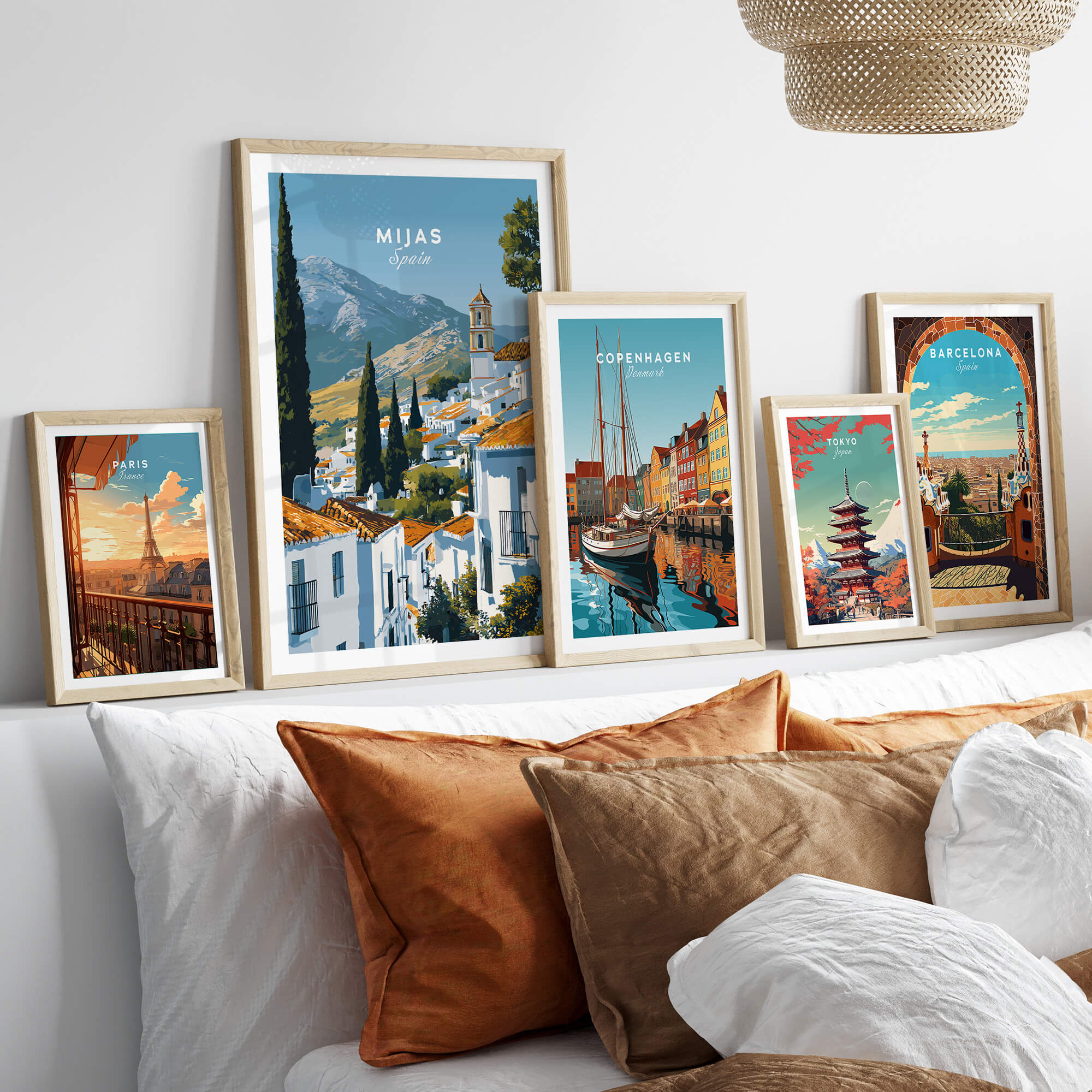 Mijas Spain Wall Art Print | Andalusian White Village Travel Poster displayed with other wall art prints.