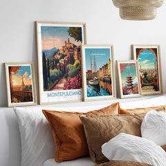 Montepulciano Italy Canvas Print | Italian Sunset Landscape Poster displayed among other city prints on a stylish sofa.