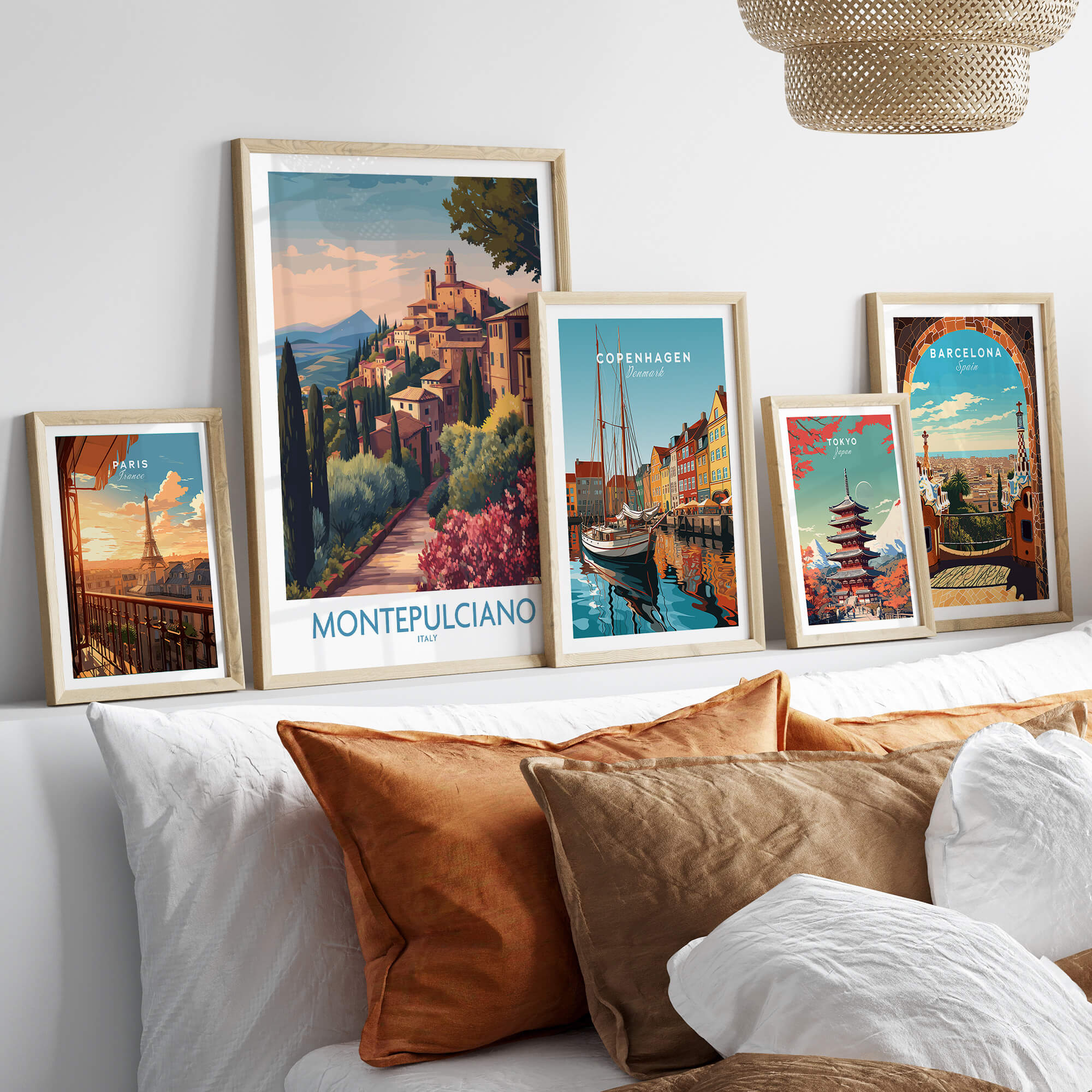 Montepulciano Italy Canvas Print | Italian Sunset Landscape Poster displayed among other city prints on a stylish sofa.