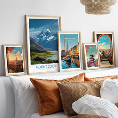 Mount Cook New Zealand Poster | Southern Alps Mountain Canvas Print displayed on a stylish wall with framed art.