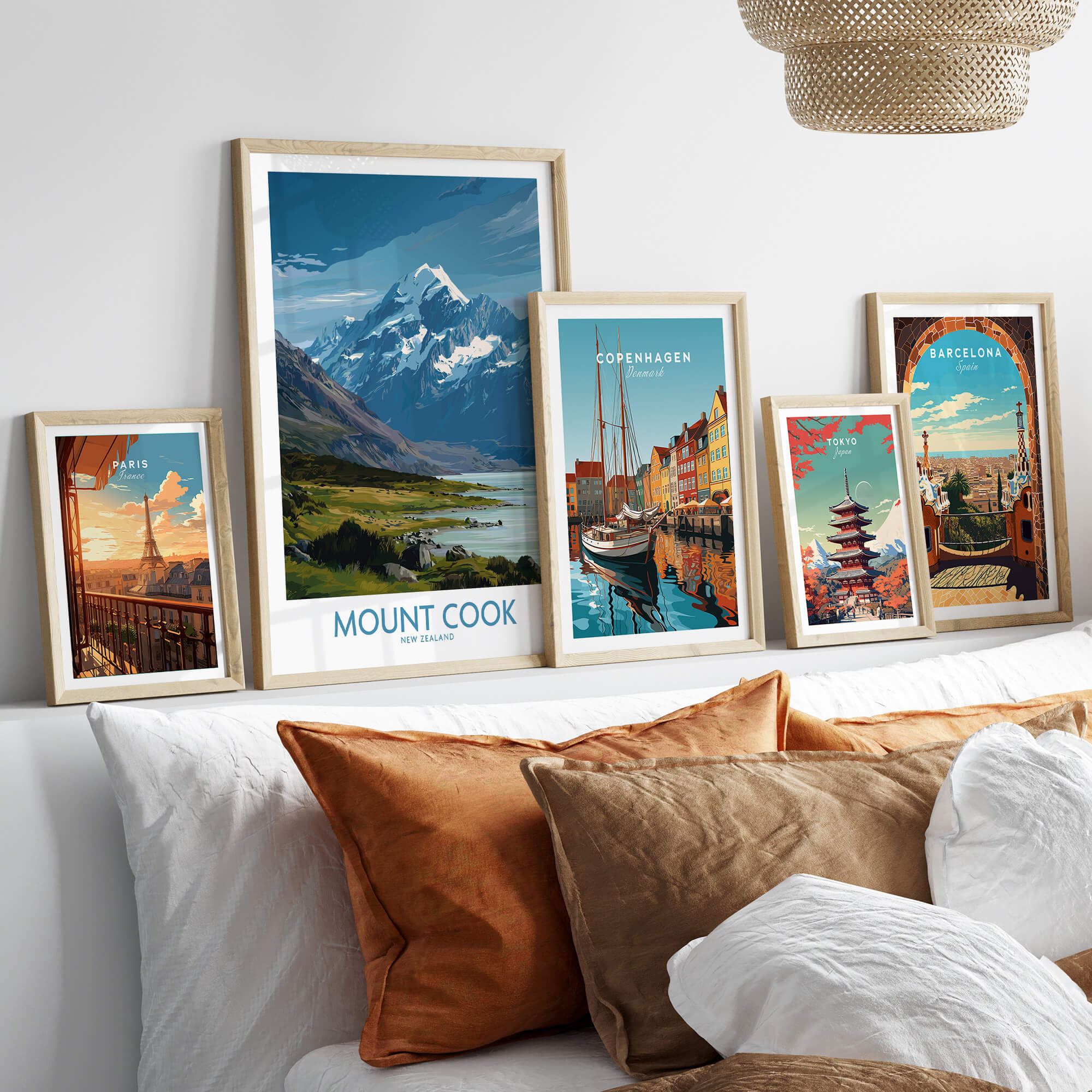 Mount Cook New Zealand Poster | Southern Alps Mountain Canvas Print displayed on a stylish wall with framed art.