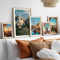 Mount Rushmore Wall Art Print | American Landmark Travel Poster displayed among other travel art prints.