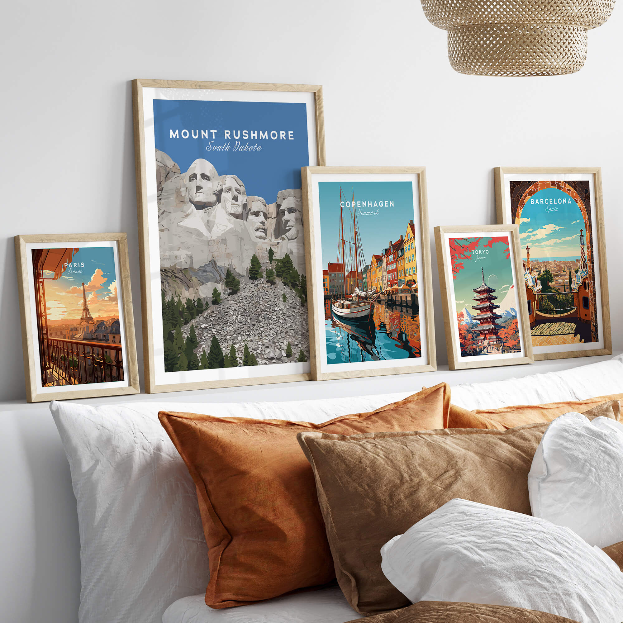 Mount Rushmore Print | National Memorial Wall Art displayed among other framed travel posters on a stylish living room wall.