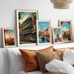 New Orleans Wall Art Print | French Quarter Balcony Travel Poster displayed in elegant frames on a stylish wall.