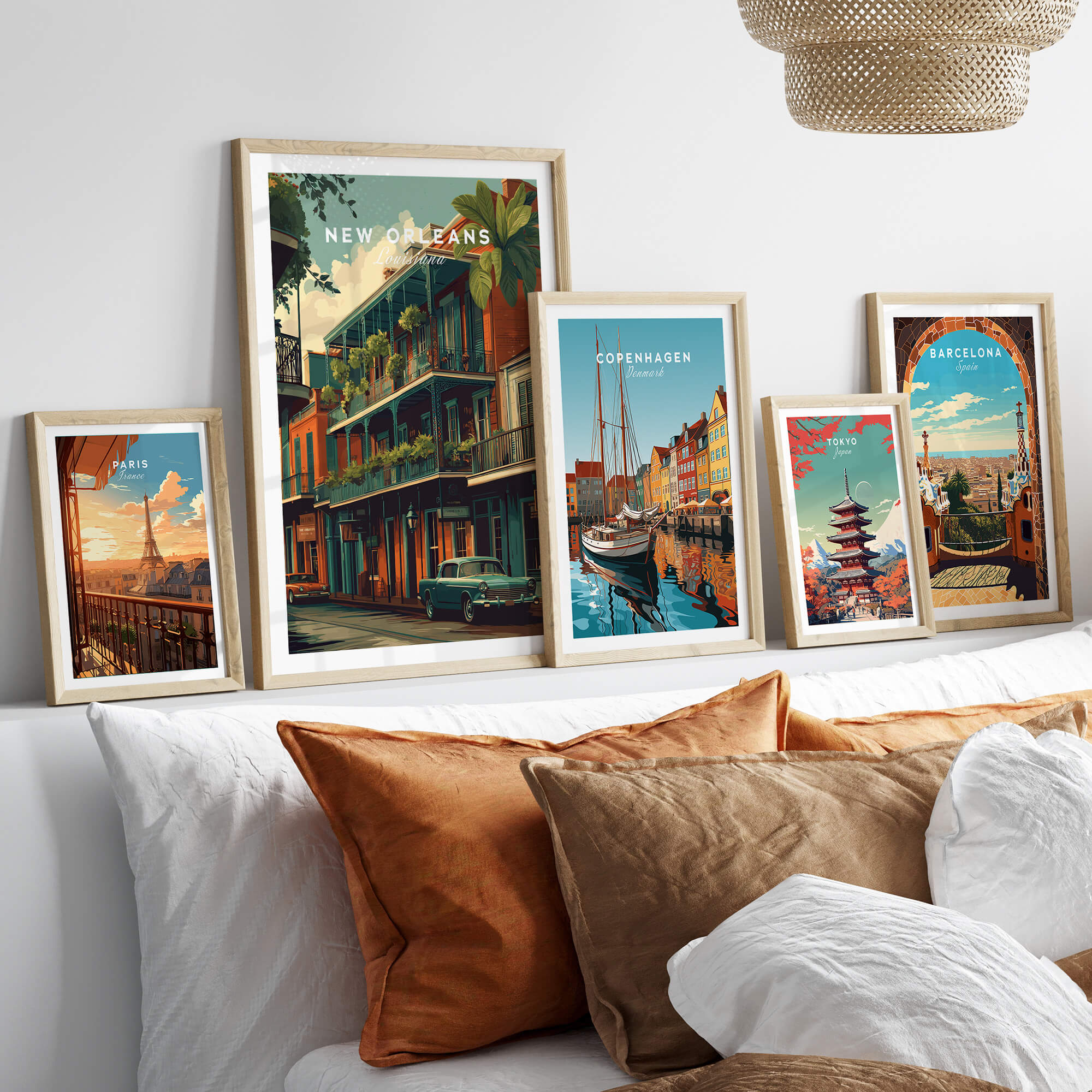 New Orleans Wall Art Print | French Quarter Balcony Travel Poster displayed in elegant frames on a stylish wall.