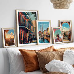 New Orleans Poster | Jazz Band Street Scene Wall Art Print displayed among various city-themed art prints