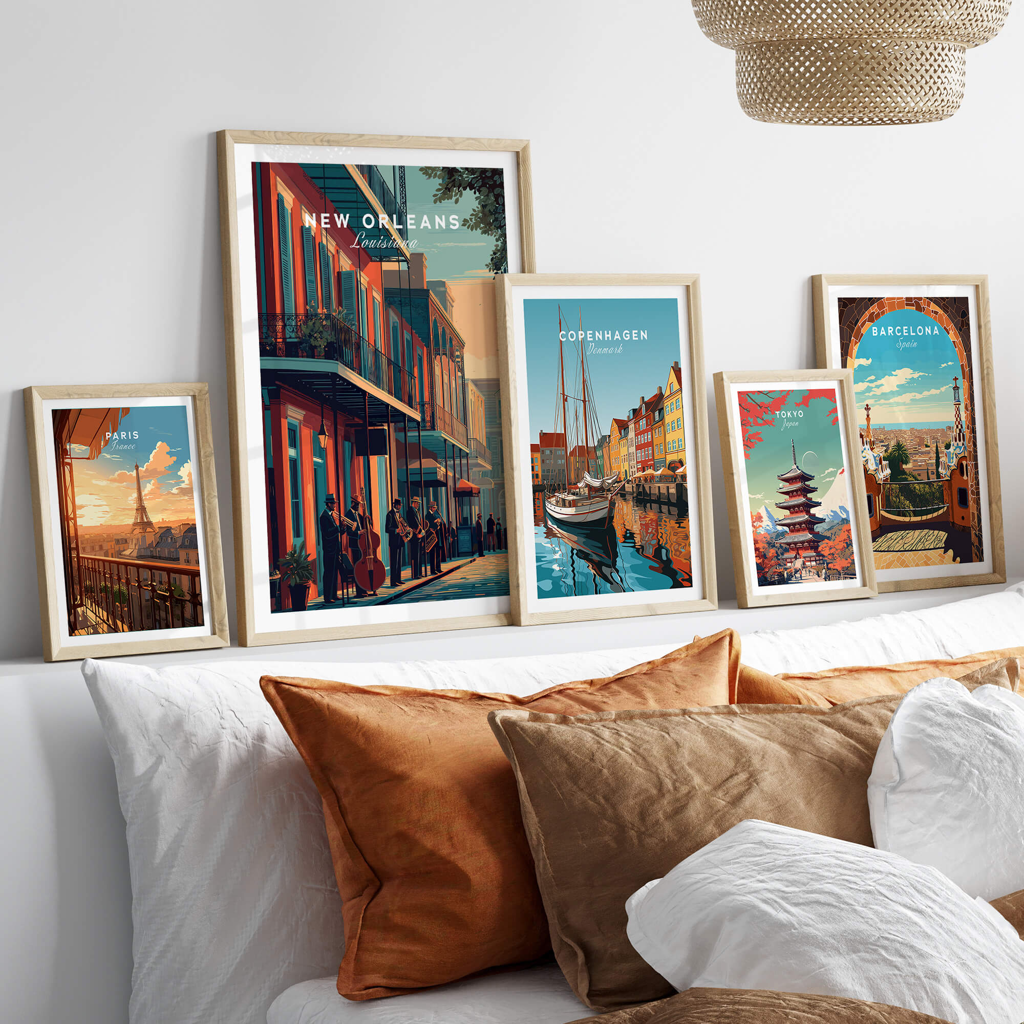 New Orleans Poster | Jazz Band Street Scene Wall Art Print displayed among various city-themed art prints