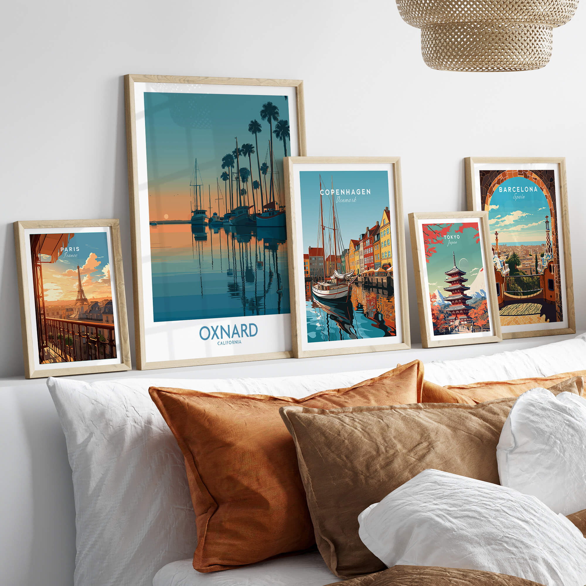 Oxnard California Poster | Scenic Pacific Marina Canvas Print displayed among other travel posters in a stylish home setting.
