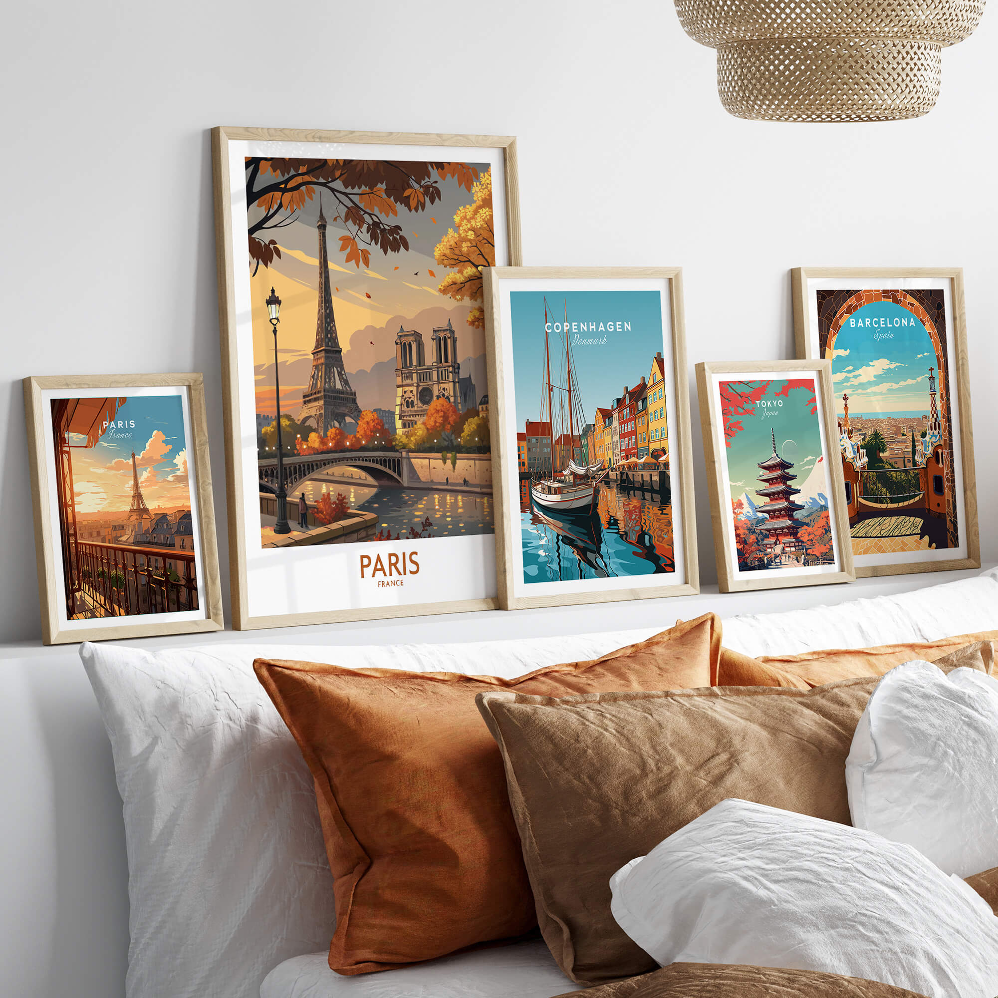Paris France Autumn Seine River Art Print | Eiffel Tower and Notre Dame Poster displayed in a cozy interior setting.