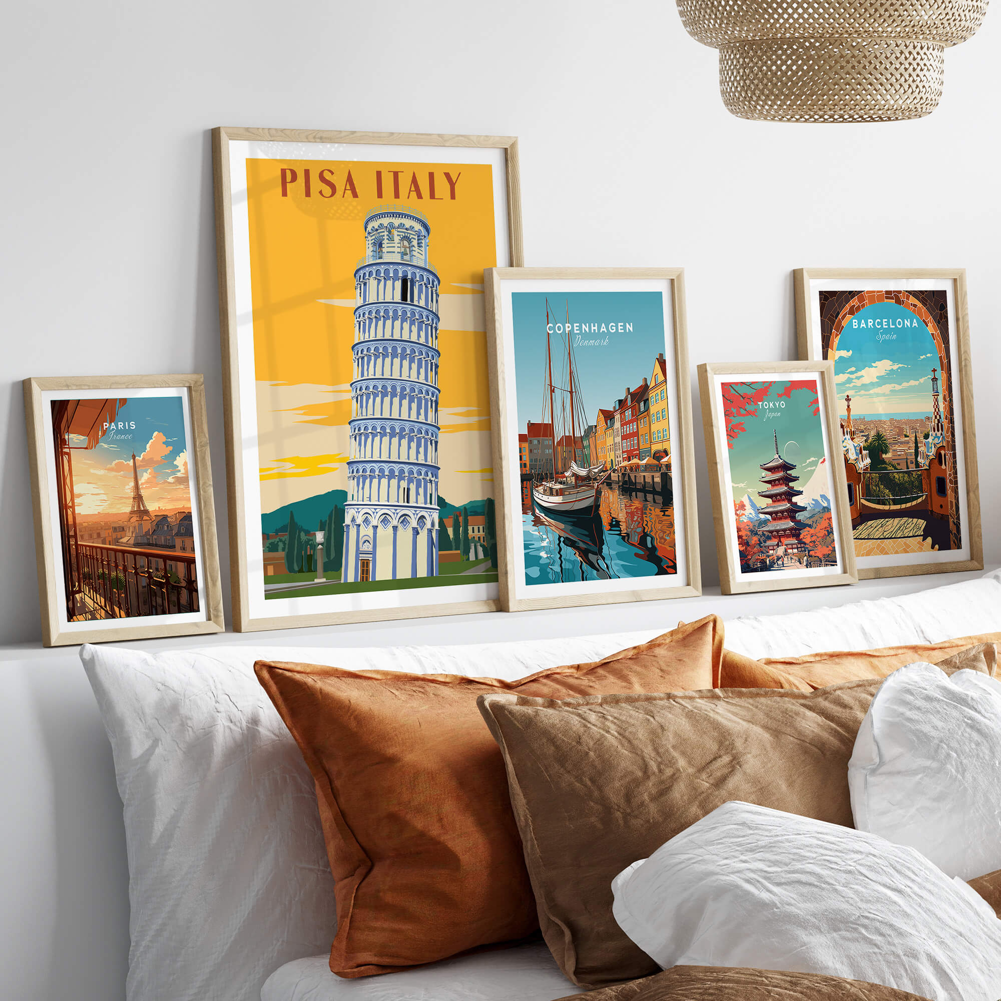 Pisa Tower Print Poster Italy Wall Art displayed among other travel posters in a stylish living room setting.
