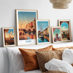 Rimini Italy Poster | Vintage Vespa & Historic Bridge Canvas Print displayed in stylish frames on a modern interior.