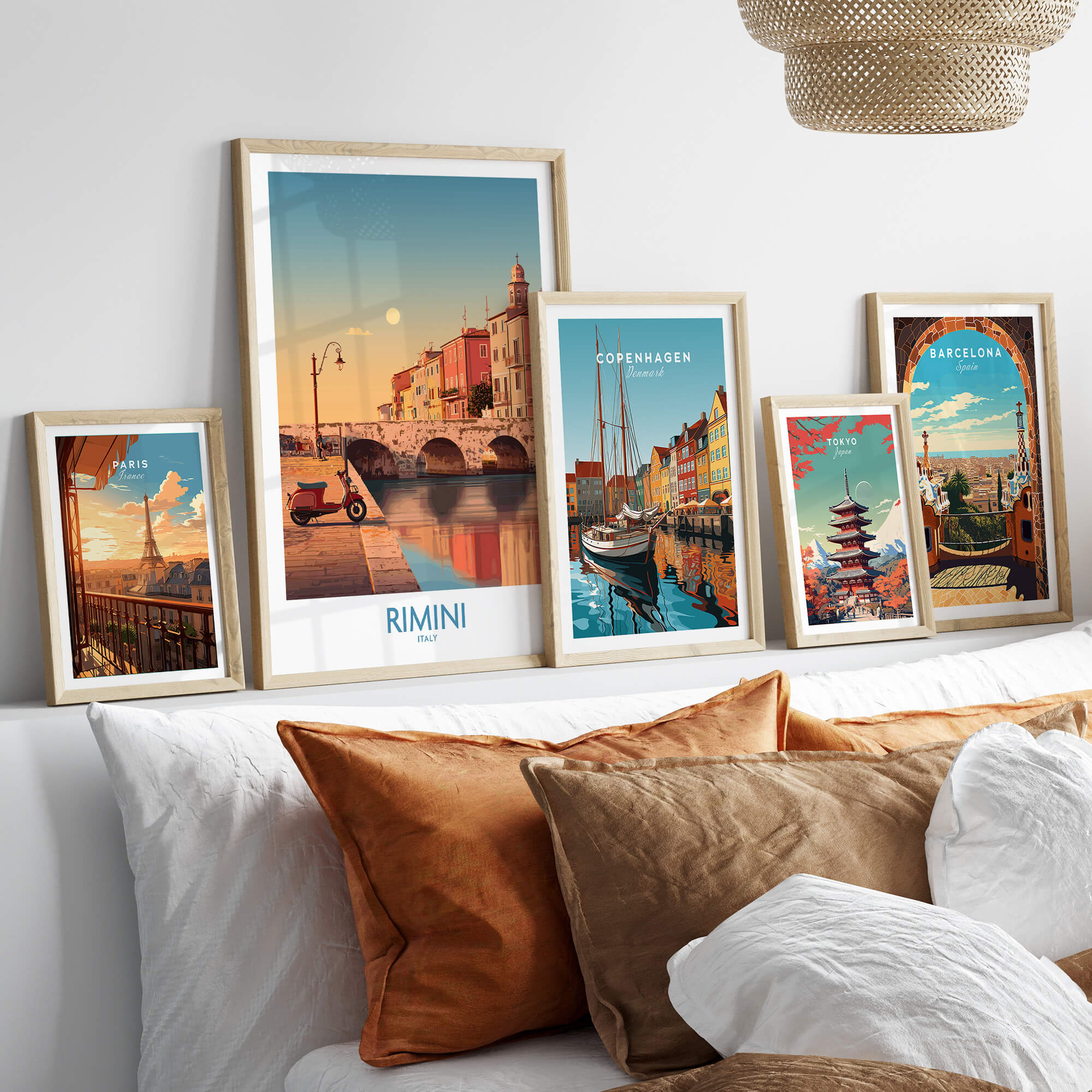 Rimini Italy Poster | Vintage Vespa & Historic Bridge Canvas Print displayed in stylish frames on a modern interior.