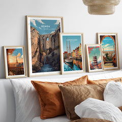Ronda Spain Wall Art Print | Puente Nuevo Gorge Waterfall Travel Poster displayed on a modern interior wall.