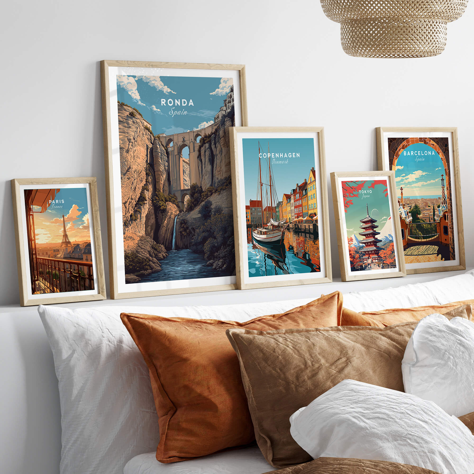 Ronda Spain Wall Art Print | Puente Nuevo Gorge Waterfall Travel Poster displayed on a modern interior wall.
