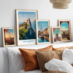 San Marino Poster | Canvas Print displayed with other city posters on a stylish couch.