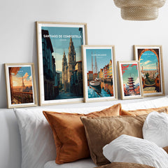 Santiago de Compostela Galician Old Town Architecture Print | Camino Wall Decor displayed in a cozy living room setting.