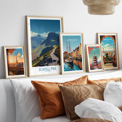 Scafell Pike Lake District Poster | Hiking Trail Landscape Canvas Print displayed among other travel posters on a modern shelf.